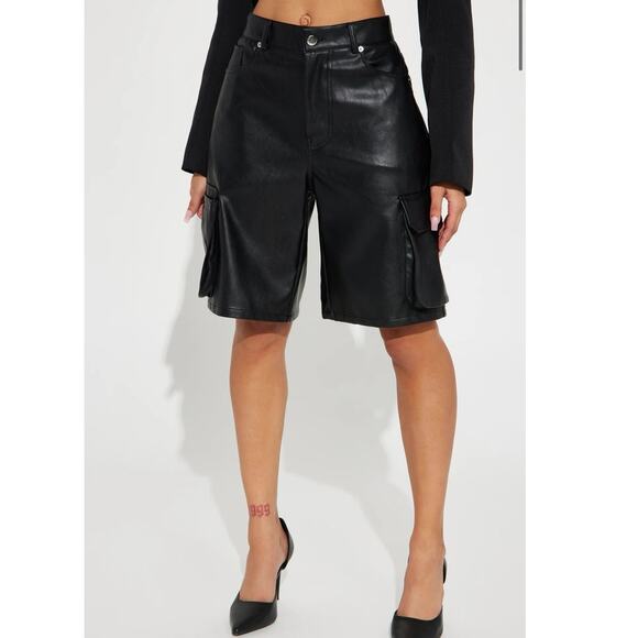 Fashion Nova Pants - Faux Leather Cargo Short - Black